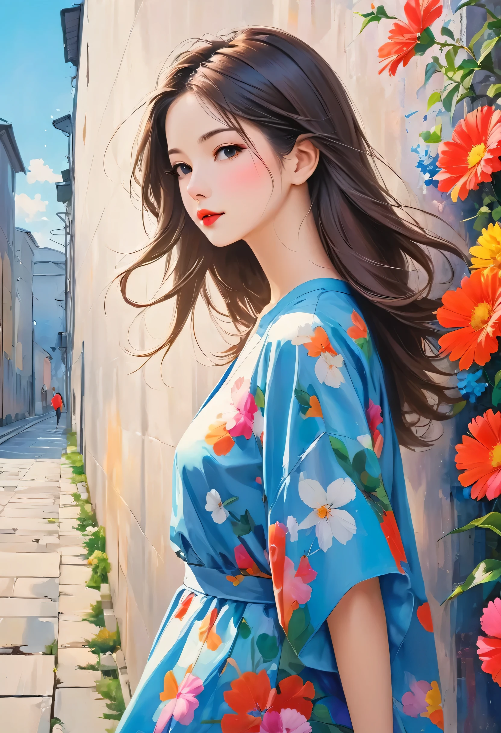 Watase Seizo style, Standing in front of a high wall，Simple Line Initialism，Abstract art，Urban Background, (((The most beautiful girl))), Lips in Love, walking, colorful flowers