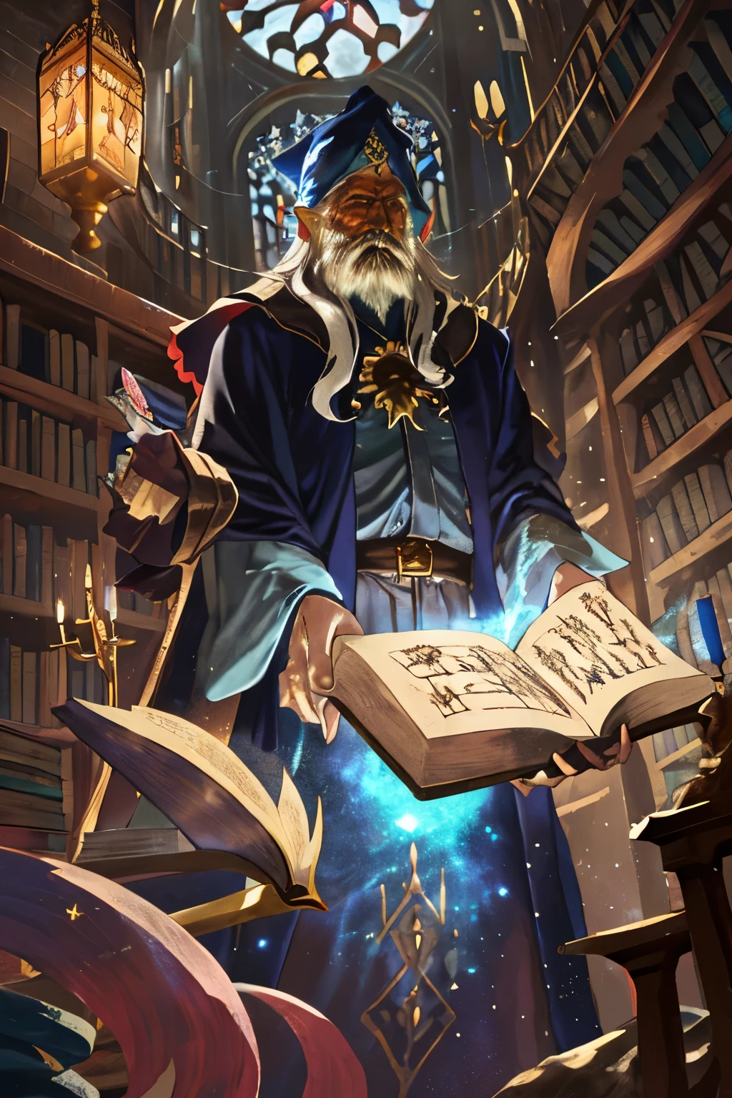 An ancient wizard stands in an old, mystical library. The wizard has a long, white beard and wears an intricately embroidered dark blue robe adorned with golden stars and moons. In his hand, he holds a glowing staff inscribed with magical runes. The library is filled with towering bookshelves that reach up to the ceiling, containing dusty, ancient tomes. Magical lights float around, casting a gentle, mysterious glow over the scene. In the background, a large gothic window allows the full moon to shine in, bathing the antique wooden shelves in a silver light. The atmosphere is serene and filled with magic, with a palpable presence of ancient secrets and powerful spells