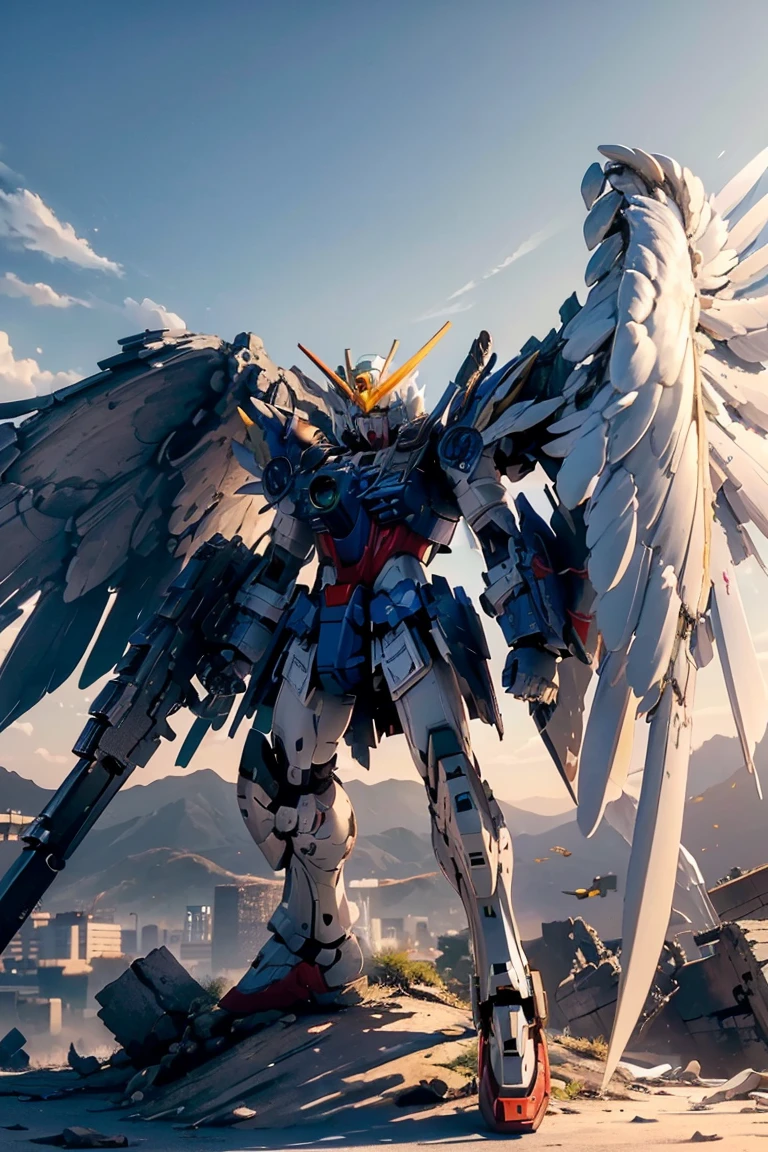 ((masterpiece, highest quality, Highest image quality, High resolution, photorealistic, Raw photo, 8K)), ((Extremely detailed CG unified 8k wallpaper)), Wing gundam zero, They spread their wings and soar over the ruined city,