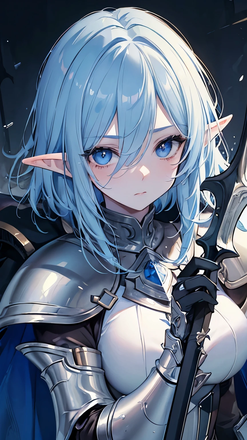 ((best quality)), ((masterpiece)), (detailed), perfect face, perfect detailed eyes, perfect detailed face, ultra-detailed nose, light blue hair, messy hair, hair over eyes, medium hair, forehead mark, pointy ears, cinematic lighting, chiaroscuro, elf, Female Knight, Elf Hero, (Wearing iron armor, Hold a dagger in right hand)