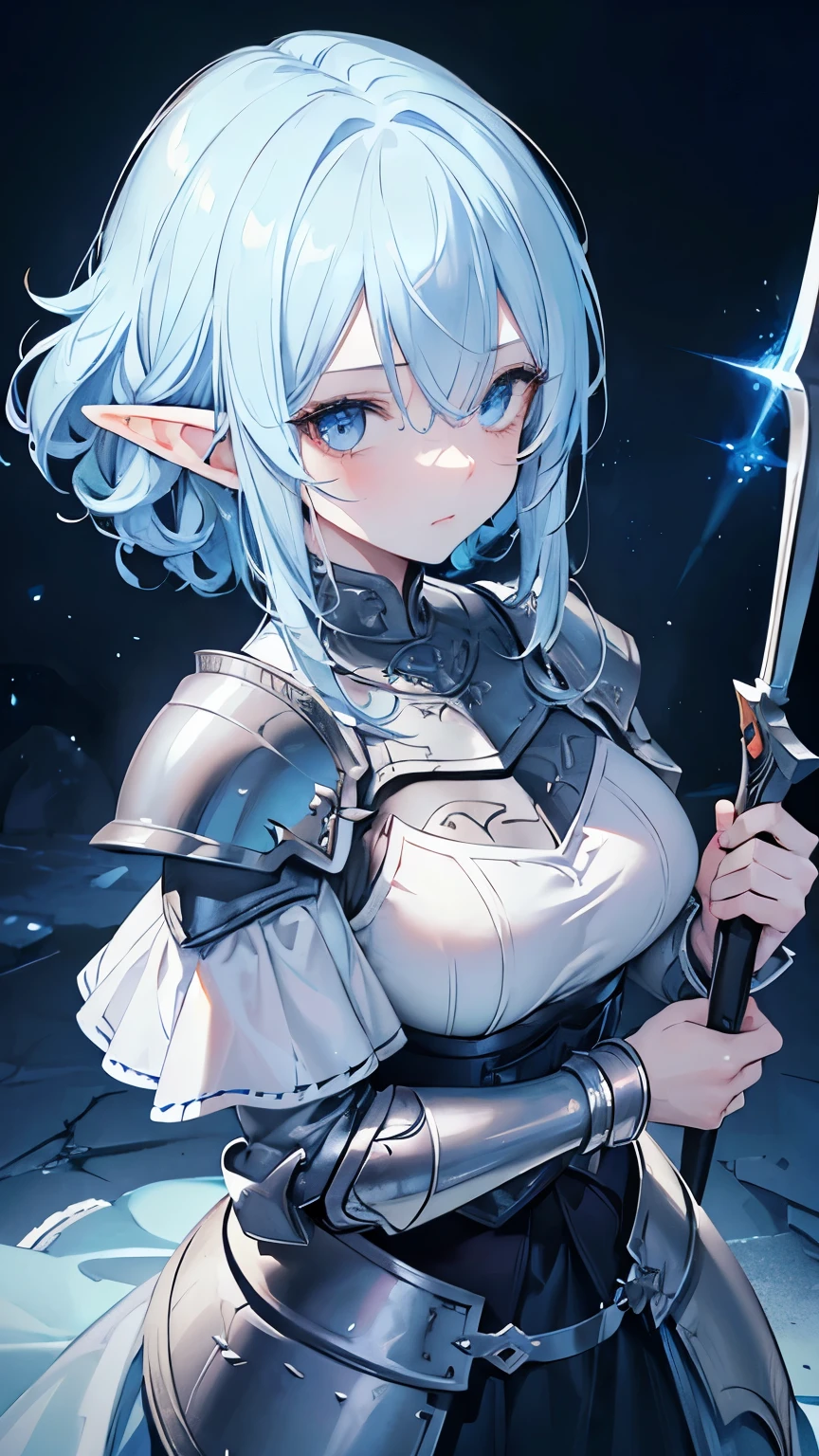 ((best quality)), ((masterpiece)), (detailed), perfect face, perfect detailed eyes, perfect detailed face, ultra-detailed nose, light blue hair, messy hair, hair over eyes, medium hair, forehead mark, pointy ears, cinematic lighting, chiaroscuro, elf, Female Knight, Elf Hero, (Wearing iron armor, Hold a dagger in right hand), cowboy shot