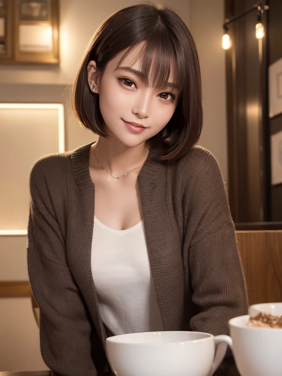 masterpiece, highest quality, High resolution,alone,Brown,artistic,Best lighting,casual,Flat Chest,Beautiful Face,expensive,smile,light makeup,Age 22,Calm woman,Detailed Hair,Woman with a big smile,Face Focus,Forehead,Bob Cut Hair,A woman wearing a blouson,Very white skin,Thin eyebrows,rooftop,outside
