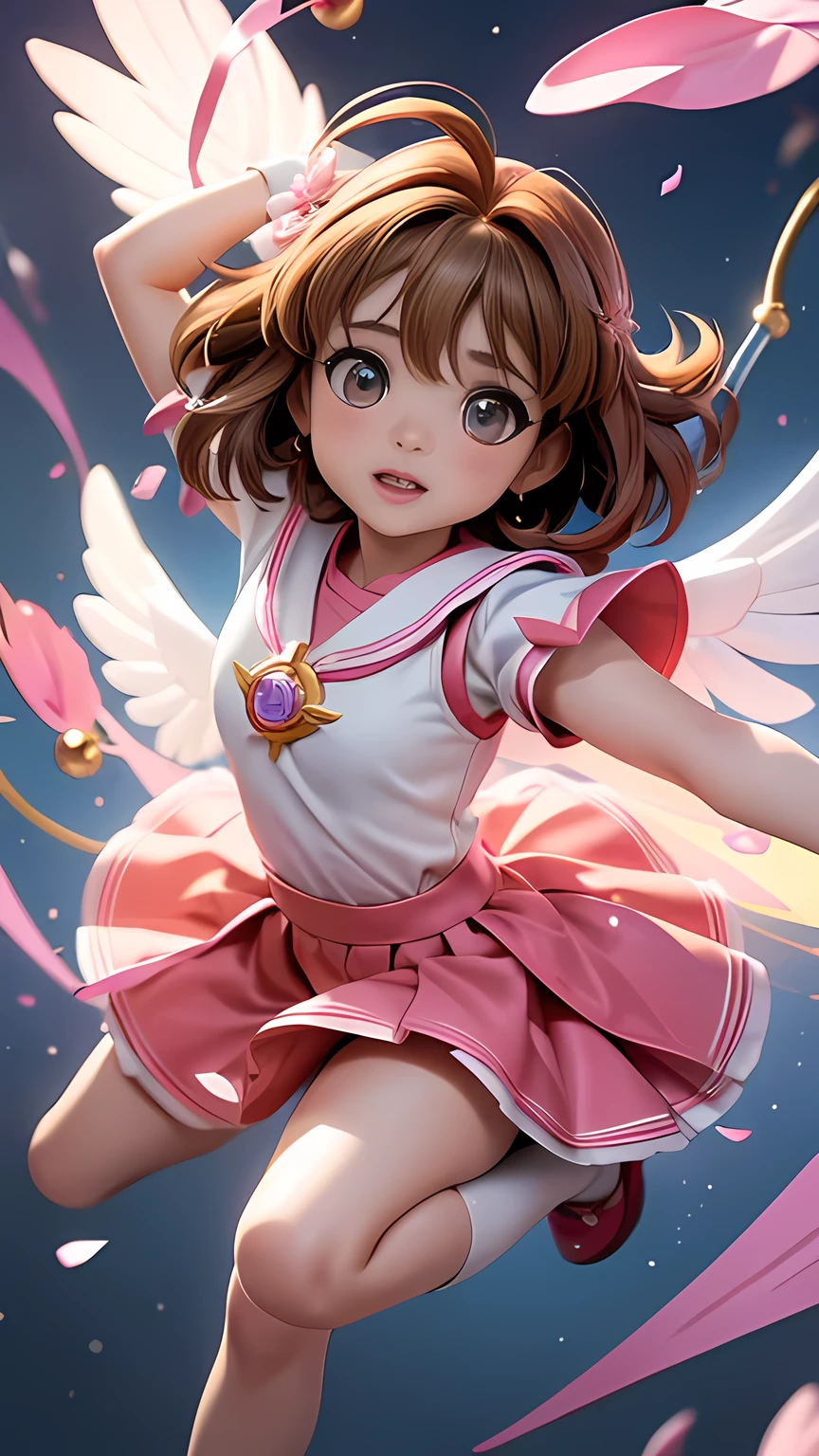 (Kinomoto Sakura from CARDCAPTOR SAKURA),1girl,brown hair,cute,combat,full body shot,action pose,flying in the sky,detailed face,beautiful detailed eyes,beautiful detailed lips,extremely detailed eyes and face,long eyelashes,dynamic action pose,magic effect,sakura flower petals,warm lighting,vibrant colors,fantasy,anime art style,masterpiece,best quality,8k,highres,detailed