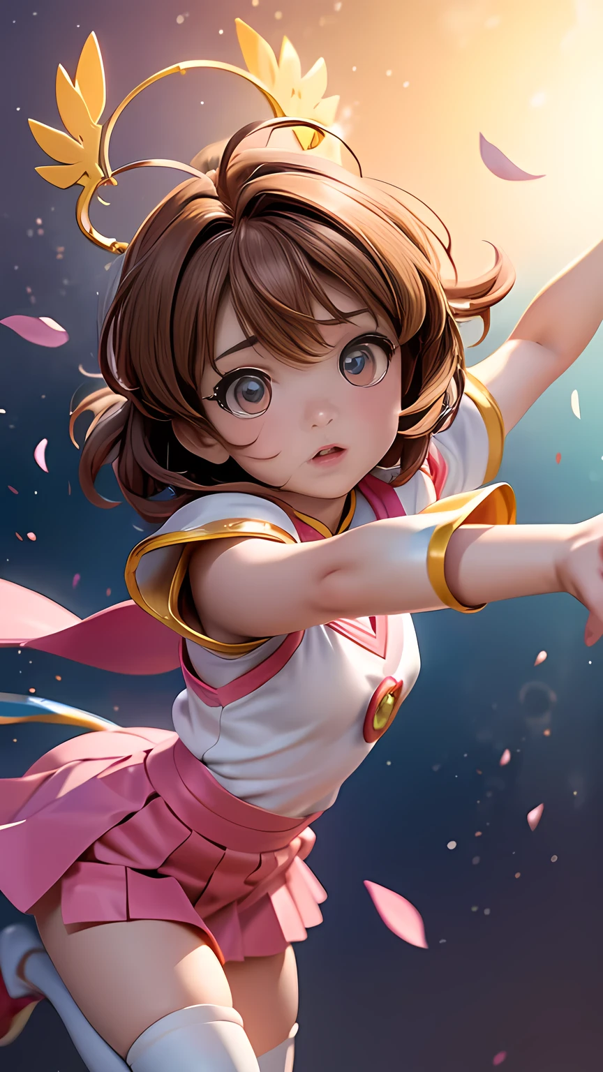 (Kinomoto Sakura from CARDCAPTOR SAKURA),1girl,brown hair,cute,combat,full body shot,action pose,flying in the sky,detailed face,beautiful detailed eyes,beautiful detailed lips,extremely detailed eyes and face,long eyelashes,dynamic action pose,magic effect,sakura flower petals,warm lighting,vibrant colors,fantasy,anime art style,masterpiece,best quality,8k,highres,detailed