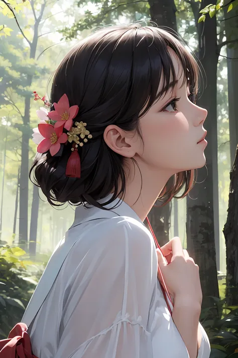 masterpiece ,highest quality, delicateな髪の美しい女性, Flowers, forest, early summer,profile,Fleeting,Beauty,delicate,Cinematic,Japanes...