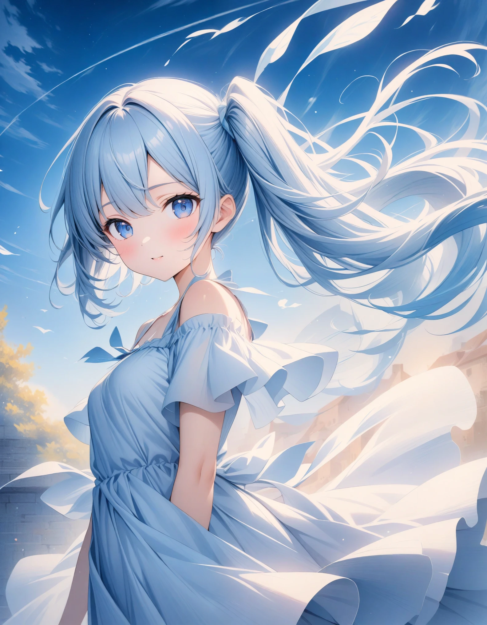 ((style:Colored pencil,pale colour)),(anime)、(masterpiece:1.2),atmospheric perspective,lens flare、(Country in the Sky)、(Princess)、Otherworldly fantasy、cute、Hair fluttering in the wind、((A light blue dress with a transparent feel reminiscent of wind.))、Clear blue sky、Light pours down from above、Very mysterious girl、Light effects、Light blue and white gradient hair color、Side Ponytail、Blue Eyes、((A work that visualizes the wind))