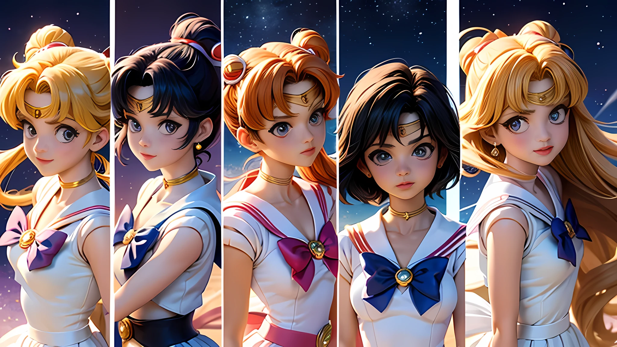 Sailor Moon、Sailor Mercury、Sailor Venus、Sailor Mars、Sailor Jupiter、Sailor Saturn