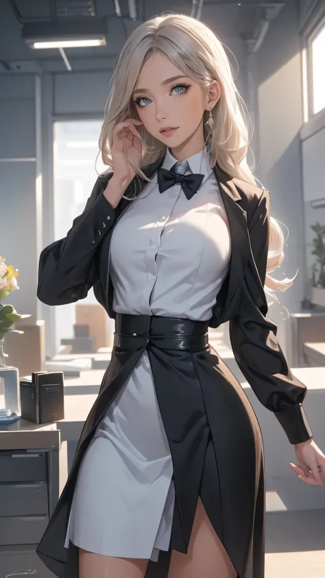 (full body),(from below:1.2),(random porn pose),(random office lady suit),silver hair,(tanned skin),(thin type:1.8),(big breasts...