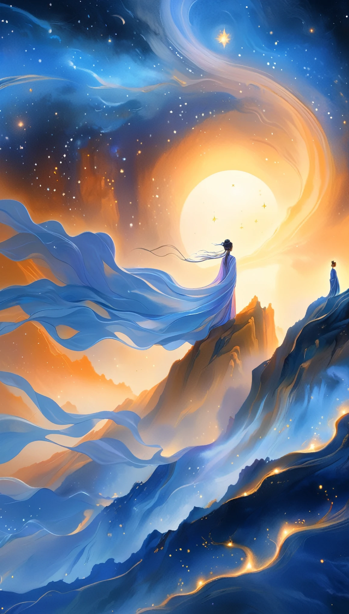 A beautiful woman stands on a cliff looking at the stars, （beautiful silhouette），Surrounded by a vortex of cosmic energy，shrouded in dreamy mist。Figure wrapped in flowing robe.，elegant，Light，Integrate with the flow of heaven and earth。The sky is a tapestry of deep purples and blues，starlight embellishment，The landscape below suggests softness、rolling mountains，Astral ethereal, fantastic numbers, ethereal essence, Ethereal fantasy, Ethereal Beauty, Digital Art Fantasy, beautiful fantasy painting, Beautiful fantasy art, stunning fantasy art, Inspired by Cyril Rolando (Cyril Rolando), Fantasy art style, Gently rotating magical energy, Fantasy Numbers, Fantasy NumbersArt, Empty Spirit, of Ethereal fantasy，Artistic beauty，Gold lines。Tracing gold。