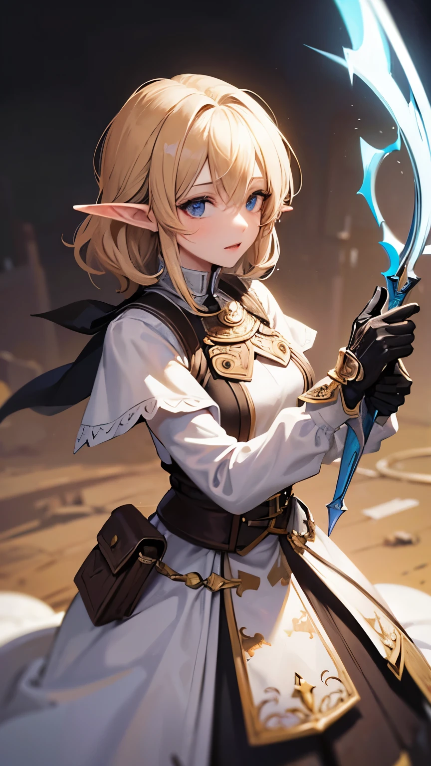 ((best quality)), ((masterpiece)), (detailed), perfect face, perfect detailed eyes, perfect detailed face, ultra-detailed nose, blonde hair, messy hair, hair over eyes, medium hair, pale skin, forehead mark, pointy ears, cinematic lighting, chiaroscuro, elf, Female Knight, Elf Hero, (Wearing iron armor, Hold a dagger in right hand), cowboy shot