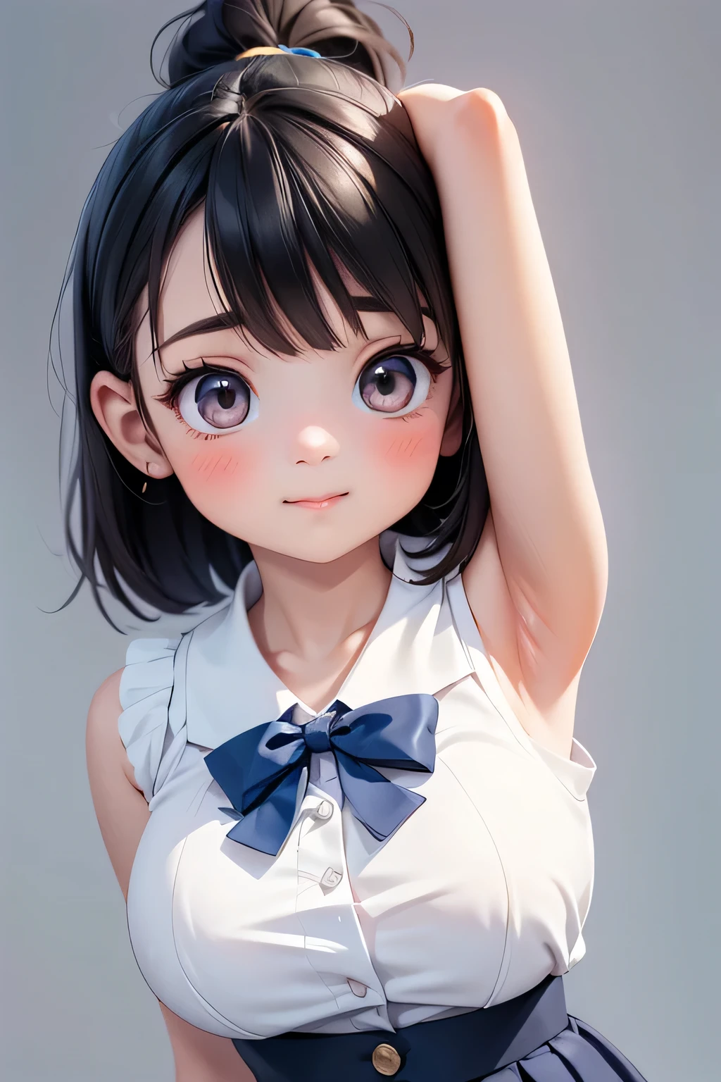 highest quality、High resolution、Detailed Background、(Beautiful face in every detail:1.4)、Anatomically correct、(Detailed facial expressions)、(Detailed eyes:1.2)、(Detailed eyes:1.2)、Teenage beauty、(Highly detailed face:1.4)、Black Hair、Brown Hair、well-groomed eyebrows、(Huge breasts:1.3)、ponytail、Bobcut、cute hairstyle、Perfect body line、Attractive upper arms、Very excited、Very embarrassed look、Crying face、Blushing、Attractive look、Highlight your attractive armpits、Poses that show off shoulders and arms、Chest where clothes are about to tear、Clothes that seem to be bursting、

(A girl posing with her armpits exposed, looking at the camera with a shy look on her face:1.5)、

School classroom、Sit at a desk、JK Uniform、White sleeveless blouse、Navy blue pleated mini skirt、White Pantyhose、cute