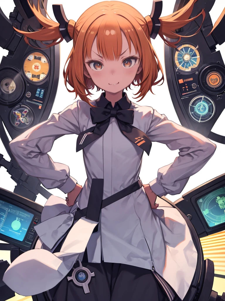 girl、high school student、uniform、Short、Orange Hair、Long twin tails、Slanted Eyes、Laughing with your mouth open、V-shaped eyebrows、tooth、Put your hands on your hips、Intimidating、Bossy、Laboratory、Scientist、Viewed from the front、Upper body close-up