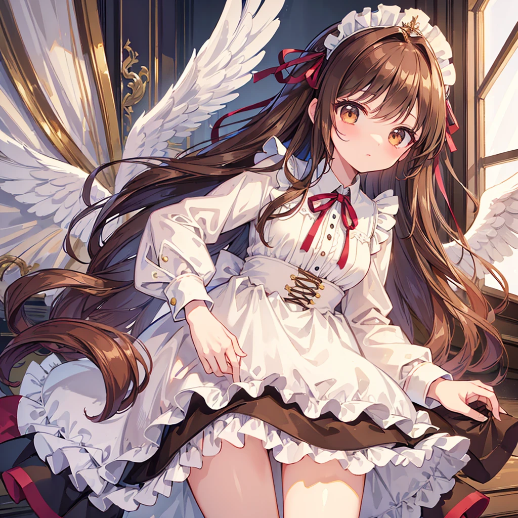 ((masterpiece)), ((highest quality)), ((Super detailed)), pretty girl, Brown long hair, Beautiful brown eyes, Maid clothes, ribbon, Angel&#39;s wing, 🤍, ((Simple white background))