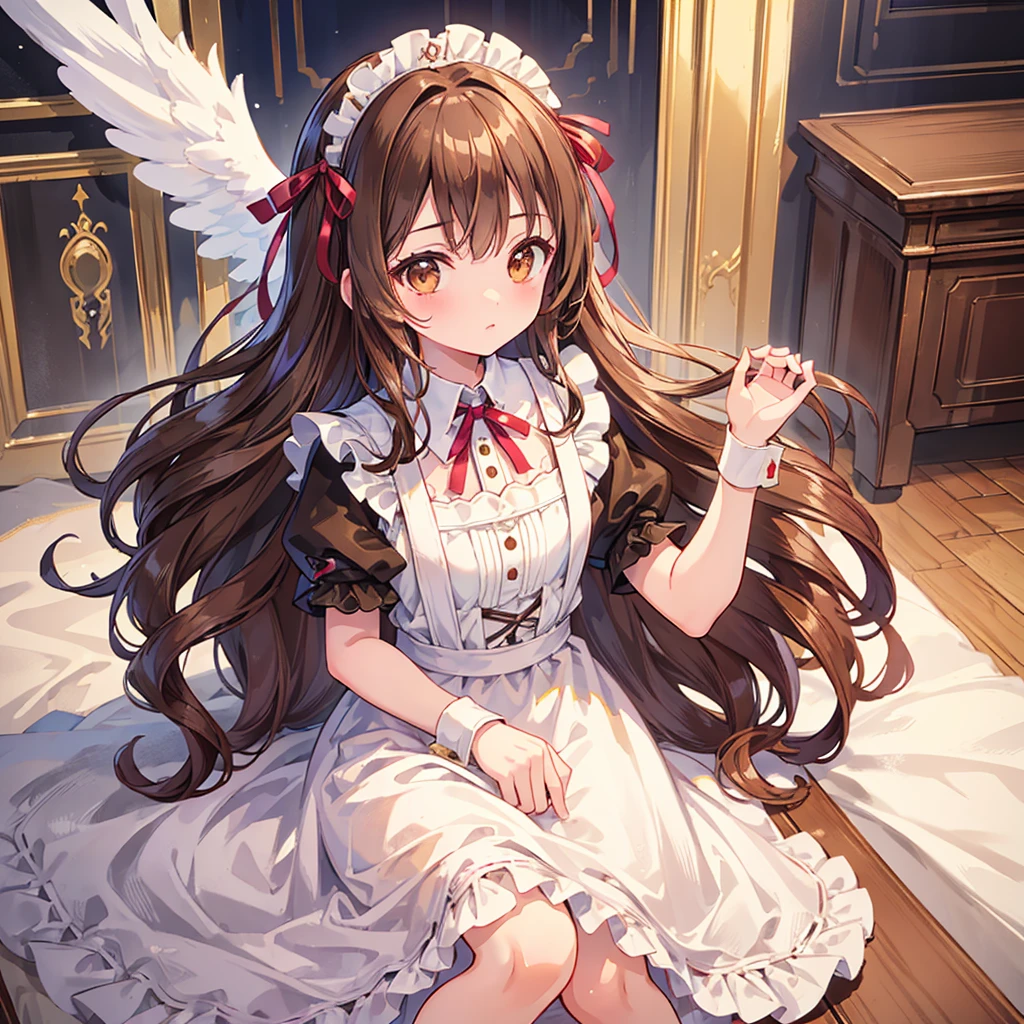 ((masterpiece)), ((highest quality)), ((Super detailed)), pretty girl, Brown long hair, Beautiful brown eyes, Maid clothes, ribbon, Angel&#39;s wing, 🤍, ((Simple white background))