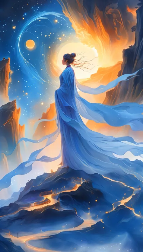A beautiful woman stands on a cliff looking at the stars, （beautiful silhouette），Surrounded by a vortex of cosmic energy，shroude...