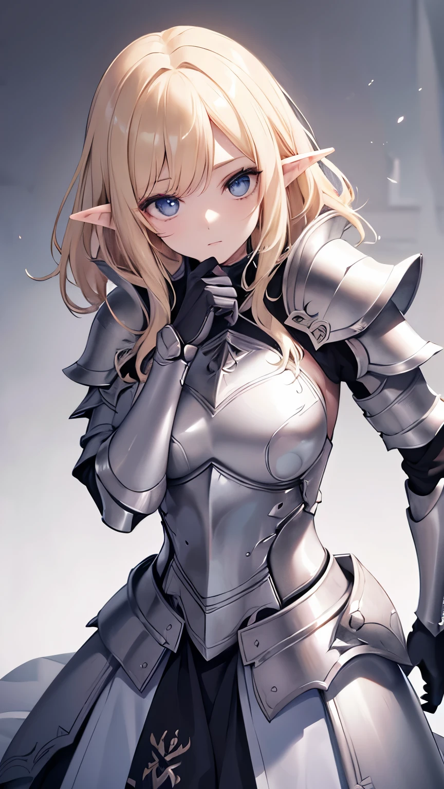 ((best quality)), ((masterpiece)), (detailed), perfect face, perfect detailed eyes, perfect detailed face, ultra-detailed nose, blonde hair, messy hair, hair over eyes, medium hair, pale skin, forehead mark, pointy ears, cinematic lighting, chiaroscuro, elf, Female Knight, Elf Hero, (Wearing iron armor, Hold a dagger in right hand), cowboy shot