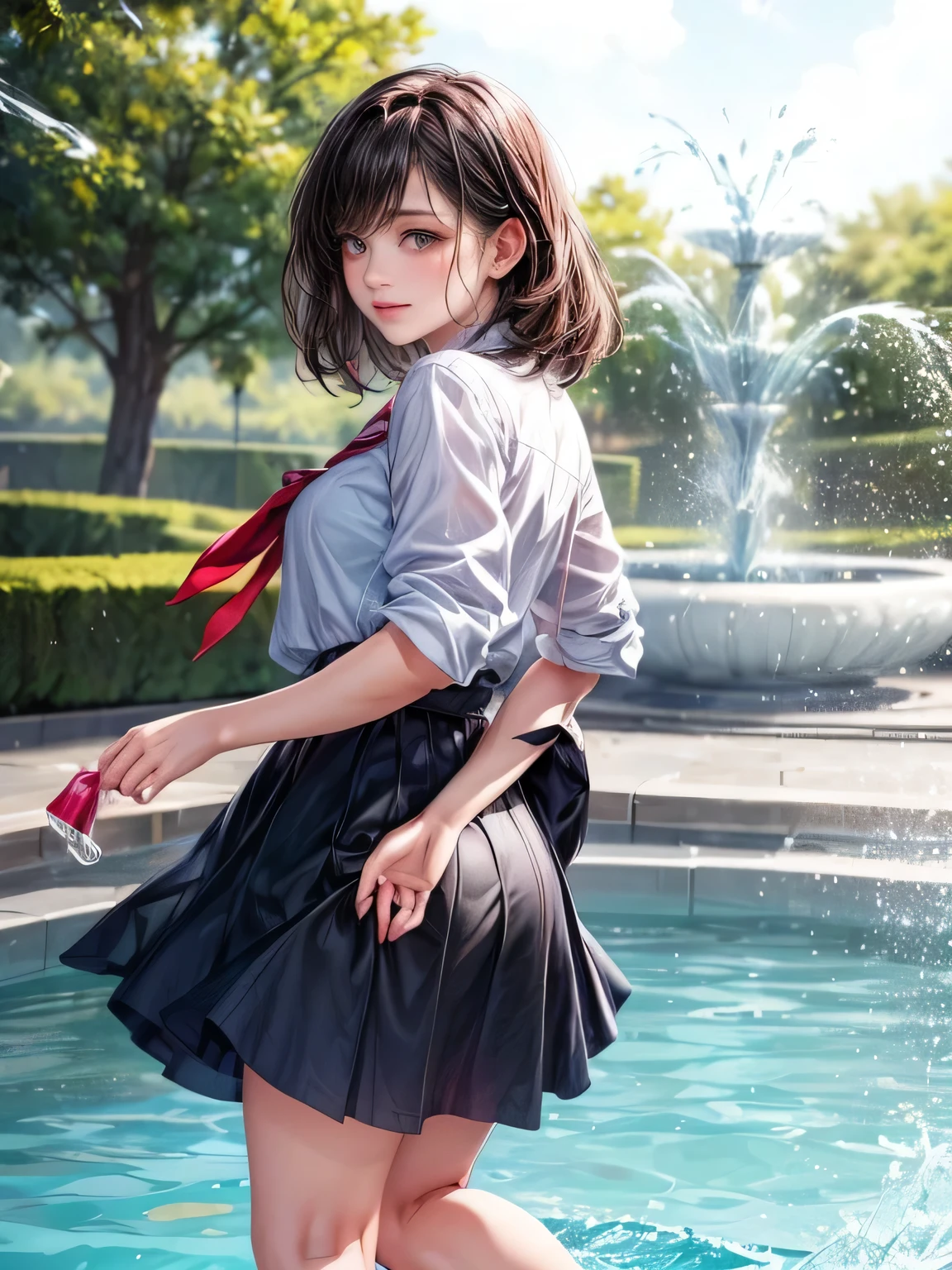 masterpiece:1.2, highest quality, 16k, highres, ultra-realistic, photorealistic:1.37, beautiful detailed:1.2, cute 2 girls, standing:1.2, bare foot girls, school summer uniform, The two of us play while being splashed by the fountain in the park, Rainbow-colored fountain spray, frolicking happily, beautiful delicate(hair, face, long eyelash, eyes, pupils, lips), sparkling eyes, shining rosy lips, blushed cheek, through bangs,