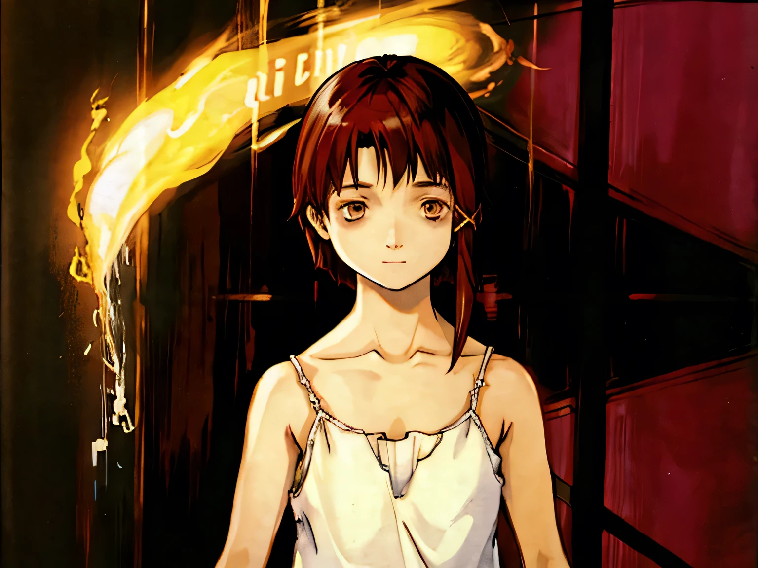 solo,1female\(iwakura lain\(Serial Experiments Lain\),no expression face,age of 12,(big eyes:1.2),brown eyes,eyes without shine,empty eyes,short asymmetry dark brown hair,yellow hairclip,white pale skin,(white long camisole:1.3),(looking at viewer),dynamic pose,sitting\), BREAK ,background\((dark:1.5),messy room,server room,inside\), BREAK ,quality\(8k,wallpaper of extremely detailed CG unit, ​masterpiece,hight resolution,top-quality,top-quality real texture skin,hyper realisitic,increase the resolution,RAW photos,best qualtiy,highly detailed,the wallpaper,cinematic lighting,ray trace,golden ratio\),(oil painting),dynamic angle,darkwoods style,