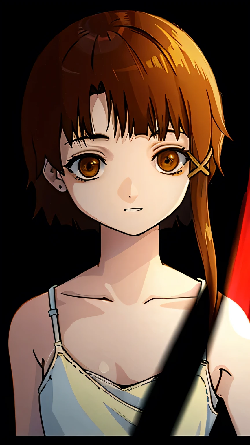 solo,1female\(iwakura lain\(Serial Experiments Lain\),no expression face,age of 12,(big eyes:1.2),brown eyes,eyes without shine,empty eyes,short asymmetry dark brown hair,yellow hairclip,white pale skin,(white long camisole:1.3),(looking at viewer),dynamic pose,sitting\), BREAK ,background\((dark:1.5),messy room,server room,inside\), BREAK ,quality\(8k,wallpaper of extremely detailed CG unit, ​masterpiece,hight resolution,top-quality,top-quality real texture skin,hyper realisitic,increase the resolution,RAW photos,best qualtiy,highly detailed,the wallpaper,cinematic lighting,ray trace,golden ratio\),(oil painting),dynamic angle,darkwoods style,