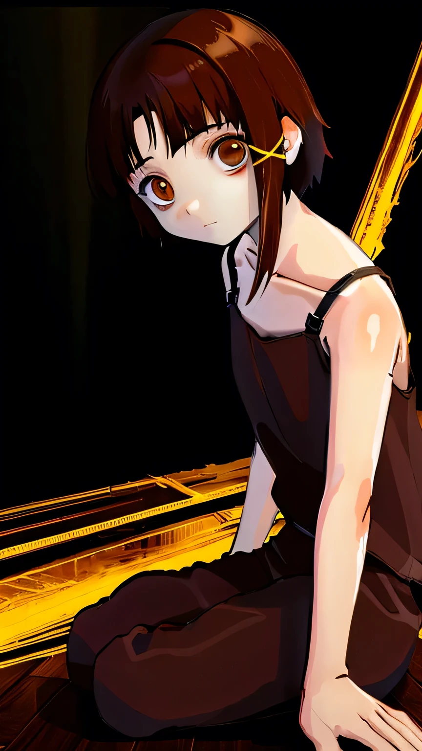 solo,1female\(iwakura lain\(Serial Experiments Lain\),no expression face,age of 12,(big eyes:1.2),brown eyes,eyes without shine,empty eyes,short asymmetry dark brown hair,yellow hairclip,white pale skin,(white long camisole:1.3),(looking at viewer),dynamic pose,sitting\), BREAK ,background\((dark:1.5),messy room,server room,inside\), BREAK ,quality\(8k,wallpaper of extremely detailed CG unit, ​masterpiece,hight resolution,top-quality,top-quality real texture skin,hyper realisitic,increase the resolution,RAW photos,best qualtiy,highly detailed,the wallpaper,cinematic lighting,ray trace,golden ratio\),(oil painting),dynamic angle,darkwoods style,