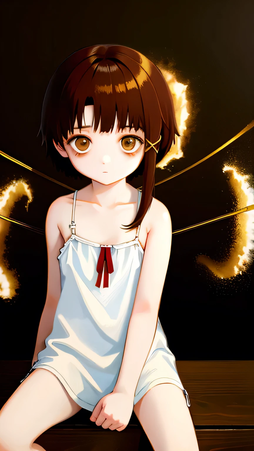 solo,1female\(iwakura lain\(Serial Experiments Lain\),no expression face,age of 12,(big eyes:1.2),brown eyes,eyes without shine,empty eyes,short asymmetry dark brown hair,yellow hairclip,white pale skin,(white long camisole:1.3),(looking at viewer),dynamic pose,sitting\), BREAK ,background\((dark:1.5),messy room,server room,inside\), BREAK ,quality\(8k,wallpaper of extremely detailed CG unit, ​masterpiece,hight resolution,top-quality,top-quality real texture skin,hyper realisitic,increase the resolution,RAW photos,best qualtiy,highly detailed,the wallpaper,cinematic lighting,ray trace,golden ratio\),(oil painting),dynamic angle,darkwoods style,