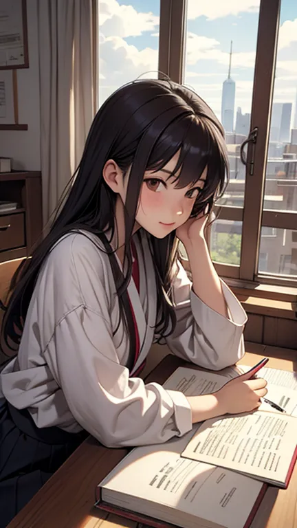 japanese female high school student, studying in her room during summer vacation, cityscape and white clouds visible through woo...