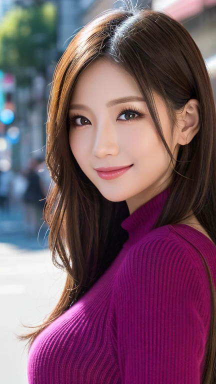 (Cowboy Shot、highest quality、8k、Award-winning works、Ultra-high resolution)、One beautiful woman、((Full body photography:0.95))(The perfect and most natural red long sleeve casual sweatshirt:1.1)、(bionde:1.1)、Bright color contacts、Perfect Makeup、(Very heavy makeup:1.2)、(Deep pink around the eyes:1.1)、Beautiful bright eyeshadow、Heavy makeup around the eyes、(Huge breasts:1.2)、Wavy Hair、(Romantic affection:1.1)、The best smile when you see me、(Most of them emphasize the body line.:1.1)、(Strongly blurred vibrant Harajuku city background:1.1)、(Strongly blurred background:1.1)、Accurate anatomy、Ultra HD Hair、Ultra-high definition beauty face、Ultra HD Hair、Ultra-high definition sparkling eyes、Shining, Ultra-high resolution beautiful skin、