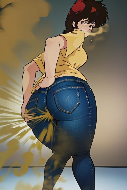 HD, high quality, high resolution, ultrahd, Kaori Makimura, wearing casual outfit, tshirt, jeans,, default hair, brown hair, tall body, massive fart, velocity, yellow smoke, clenching teeth, wide eyes, bending body, bending over, leaning, fart from ass