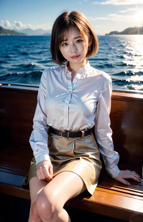 The sky turns red、Woman standing on a boat、Light brown hair、Elegant hairstyle、Blue Eyed Woman、A woman with a cute upward gaze、Wh...