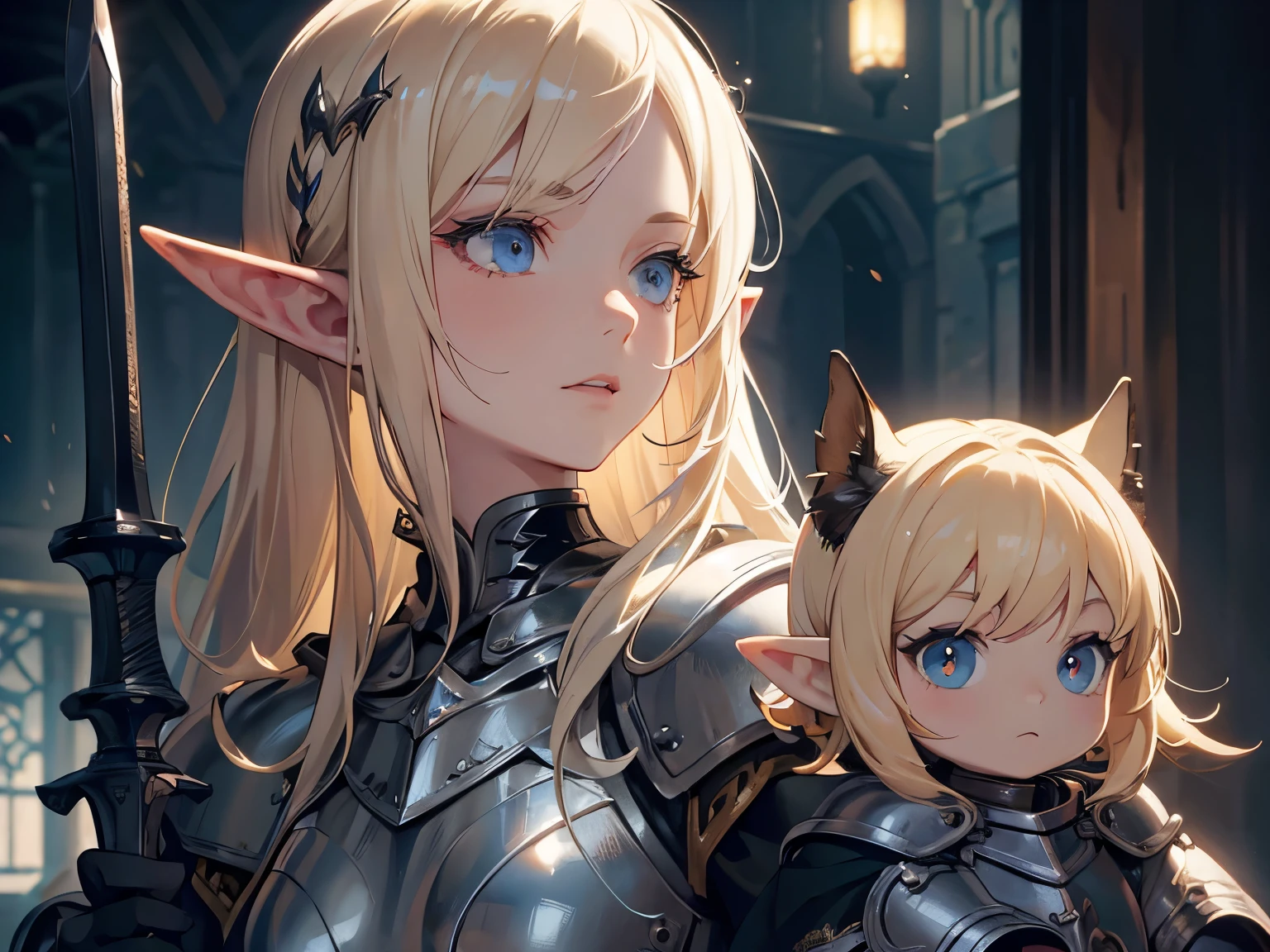 ((best quality)), ((masterpiece)), (detailed), perfect face, perfect detailed eyes, perfect detailed face, ultra-detailed nose, blonde hair, messy hair, hair over eyes, medium hair, pale skin, forehead mark, pointy ears, cinematic lighting, chiaroscuro, elf, Female Knight, Elf Hero, (Wearing iron armor, Hold a dagger in right hand), cowboy shot