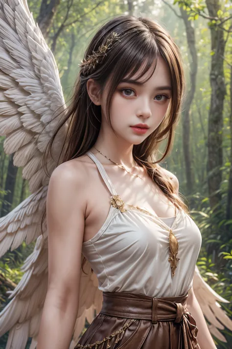 Illustrate an ultra-realistic angelic girl with magnificent wings in an 8k HDR panoramic format. The focus should be on the uppe...
