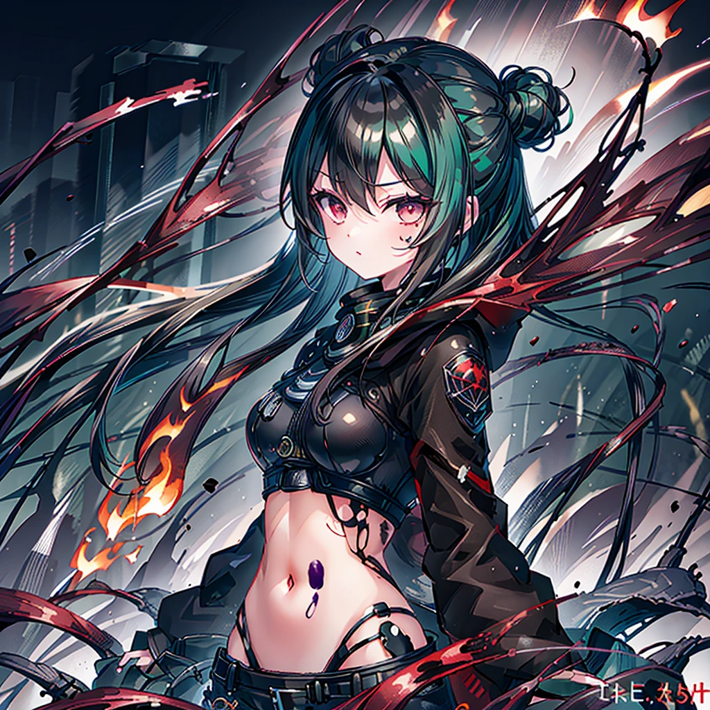 (masterpiece, highest quality), (Perfect athletic body:1.2), (Fine hair), Super detailed, Anime Style, whole body, Cyberpunk Egg Runner Girl, Scorched black mechanical limbs, ((black purple flame fist)), Sea green two top knot hairstyle with red eyes, Wearing a rage cape and cyberpunk outfit. Standing on burnt ground, 8K High Resolution, White Background, whole body, Overall view,