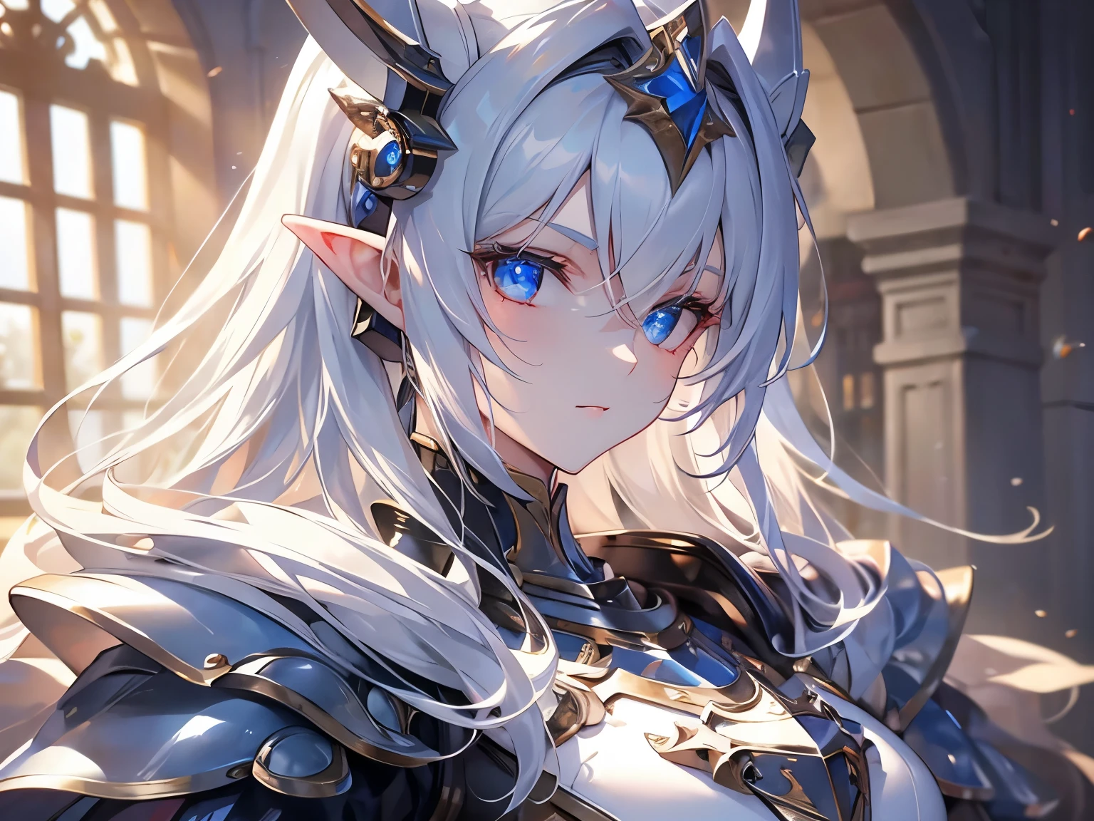 ((best quality)), ((masterpiece)), (detailed), perfect face, perfect detailed eyes, perfect detailed face, ultra-detailed nose, blue hair, messy hair, hair over eyes, medium hair, pale skin, forehead mark, pointy ears, cinematic lighting, chiaroscuro, elf, Female Knight, Elf Hero, (Wearing iron armor, Hold a dagger in right hand), cowboy shot