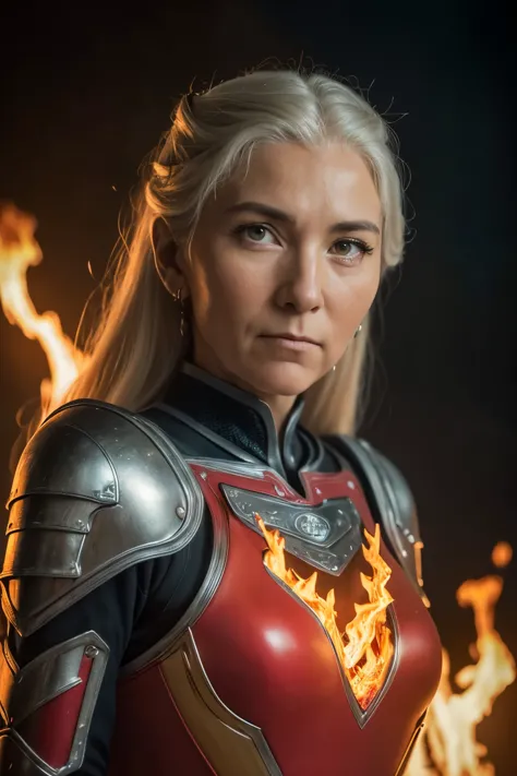 (((Cinematic heavy metal poster))) of Rhaenys Targaryen, (((old woman, 60 years old))) , wearing a red armor, Gothic style,  (a ...