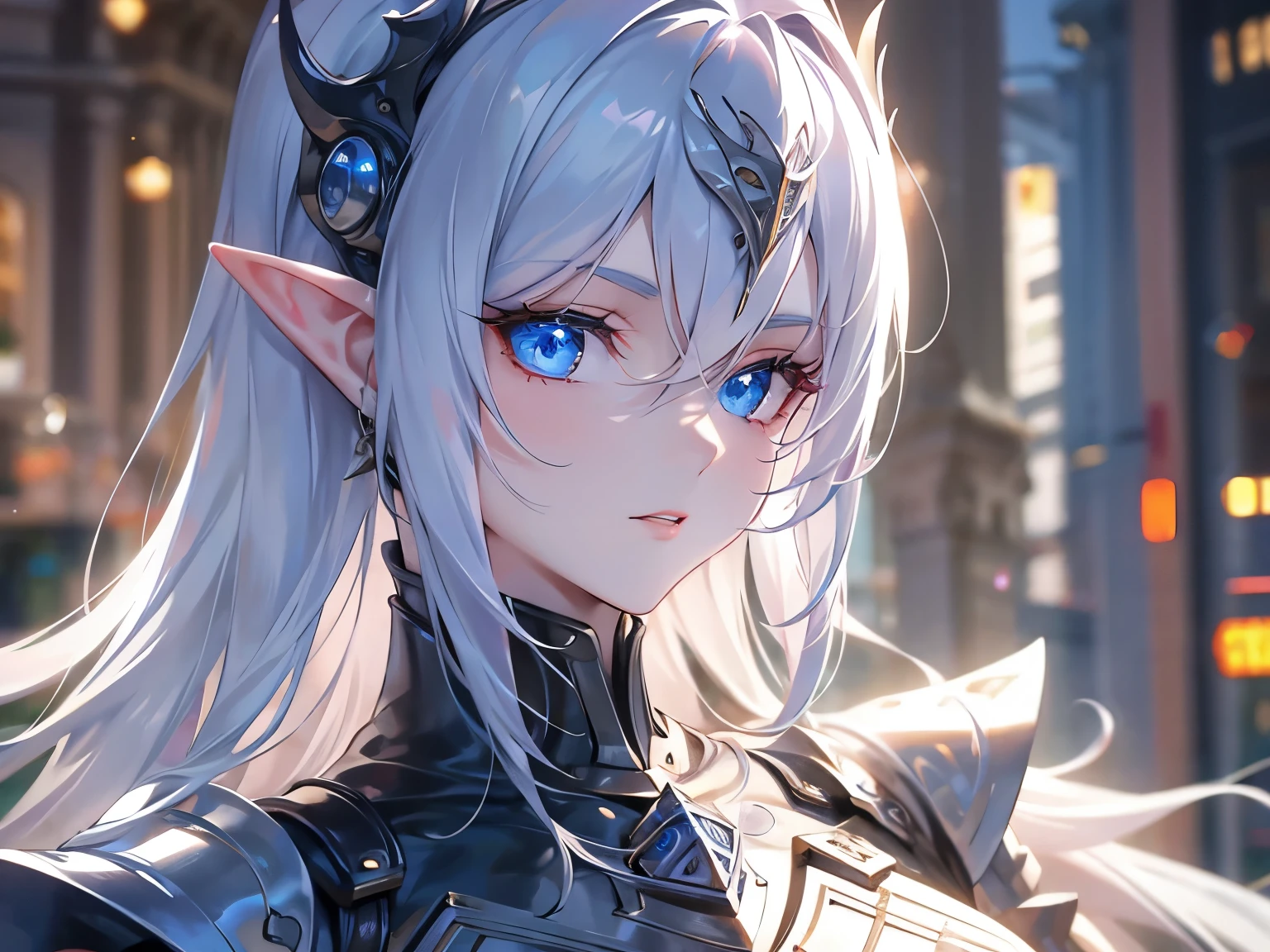 ((best quality)), ((masterpiece)), (detailed), perfect face, perfect detailed eyes, perfect detailed face, ultra-detailed nose, blue hair, messy hair, hair over eyes, medium hair, pale skin, forehead mark, pointy ears, cinematic lighting, chiaroscuro, elf, Female Knight, Elf Hero, (Wearing iron armor, Hold a dagger in right hand), cowboy shot
