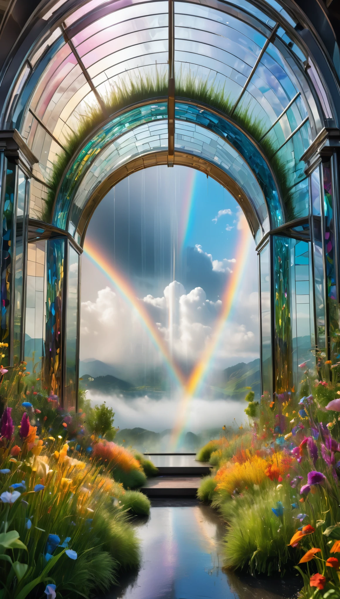 best quality, super fine, 16k, incredibly absurdres, extremely detailed, delicate and dynamic, a mysterious gigantic artistic structure made of chrome-plated framework and glass, after the rain, sunlight shines through the gaps in the clouds, the glass reflects the rainbow colors and the analyzer is displayed, a lot of iridescent petals fluttering down, the grass is covered with mist, creating a fantastic image effect