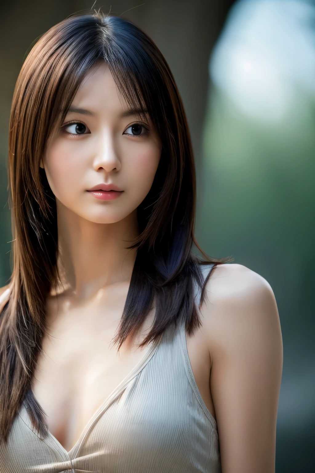 1female\(Skinny Japanese woman, age of 30, cute face, detailed face, eye color brown, detailed eyes, long straight hair, black, small breasts, very thin waist, slender legs, perfect human body structure, dynamic pose, wearing beautiful heart neck dress, looking away\), BREAK, background\(castle, seashore\), BREAK, quality\(8k, wallpaper of extremely detailed photo, masterpiece, high resolution, top-quality, top-quality real texture skin, hyper realisitic, increase the resolution, RAW photos, best qualtiy, highly detailed, cinematic lighting, ray trace, golden ratio\), Portrait, face close-up