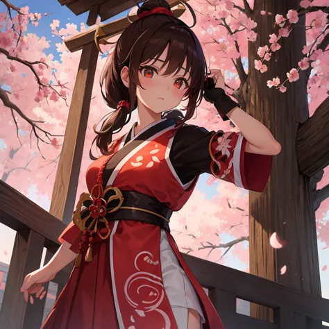 A girl with brown hair and a ponytail wearing a shrine maiden outfit is holding an exorcism hat.、Beautiful cherry blossoms in th...