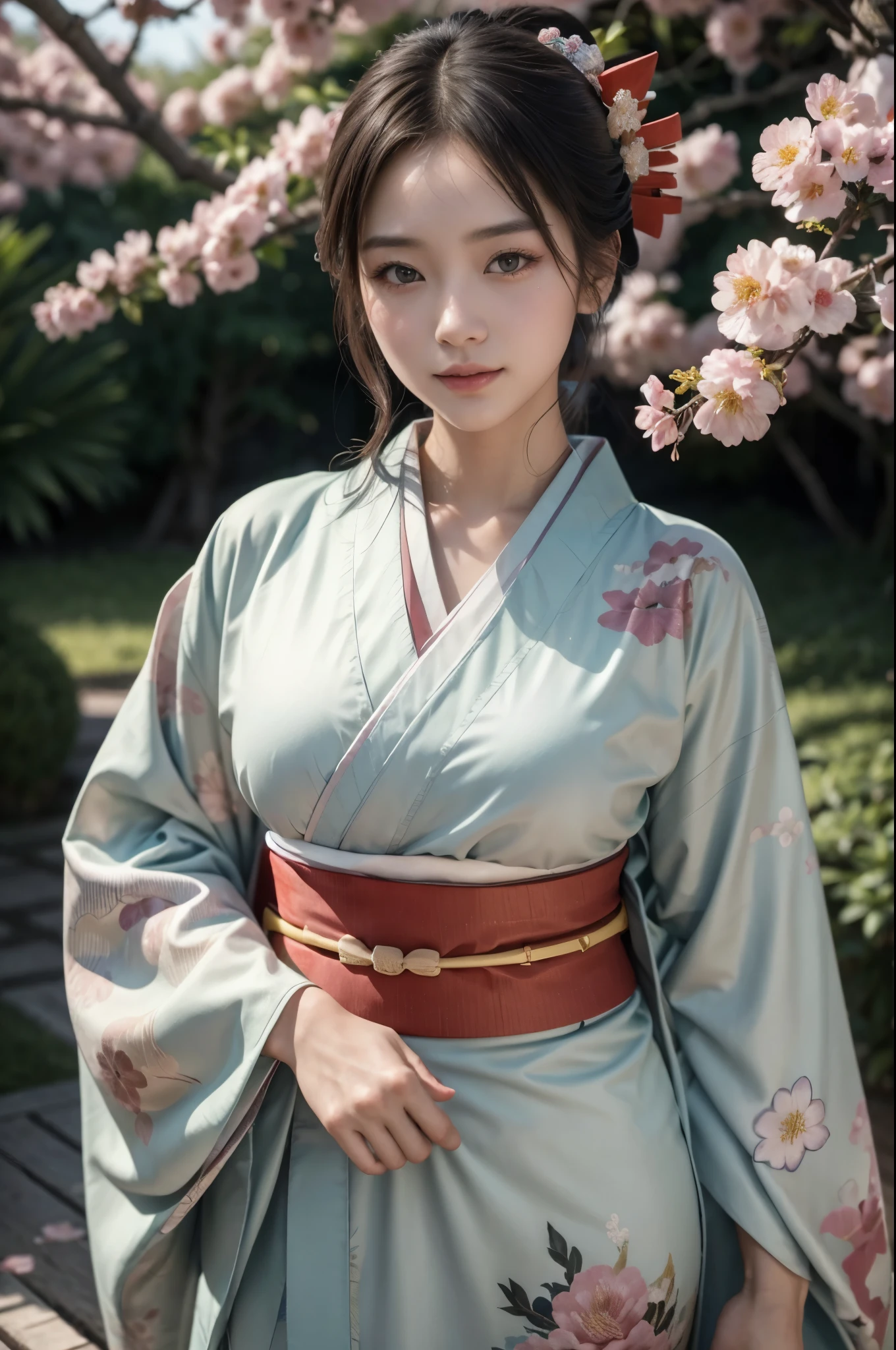 (masterpiece, highest quality, Realistic, High resolution, photograph, :1.3), Sharp focus, 1 Cute Japanese Girl, Hot Model, Highly detailed eyes and pupils, Realistic Skin, Highly detailed hair, Delicate face, Sensual look, Bright lips, Natural Lip, ((whole body shot)), standing pose, smile, (Kimono:1.5), (Floral:1.2), ((sash)), ((obi)), outside of home, (Japanese Style Country), full body,