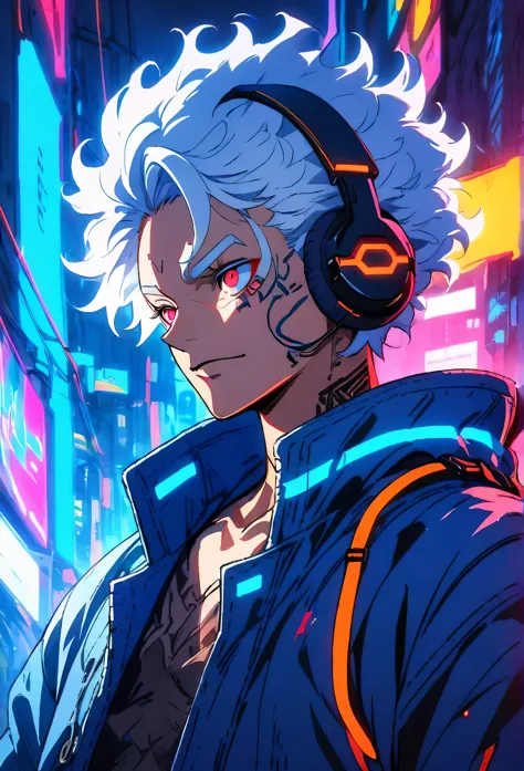 solo, handsome, 1 male, cyberpunk, blue coat, short hair, white hair, neon, dark red eyes, head phone