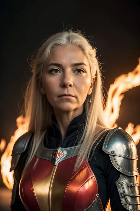 (((Cinematic heavy metal poster))) of Rhaenys Targaryen, (((old woman, 60 years old))) , wearing a Red armor. Gothic style,  (a ...