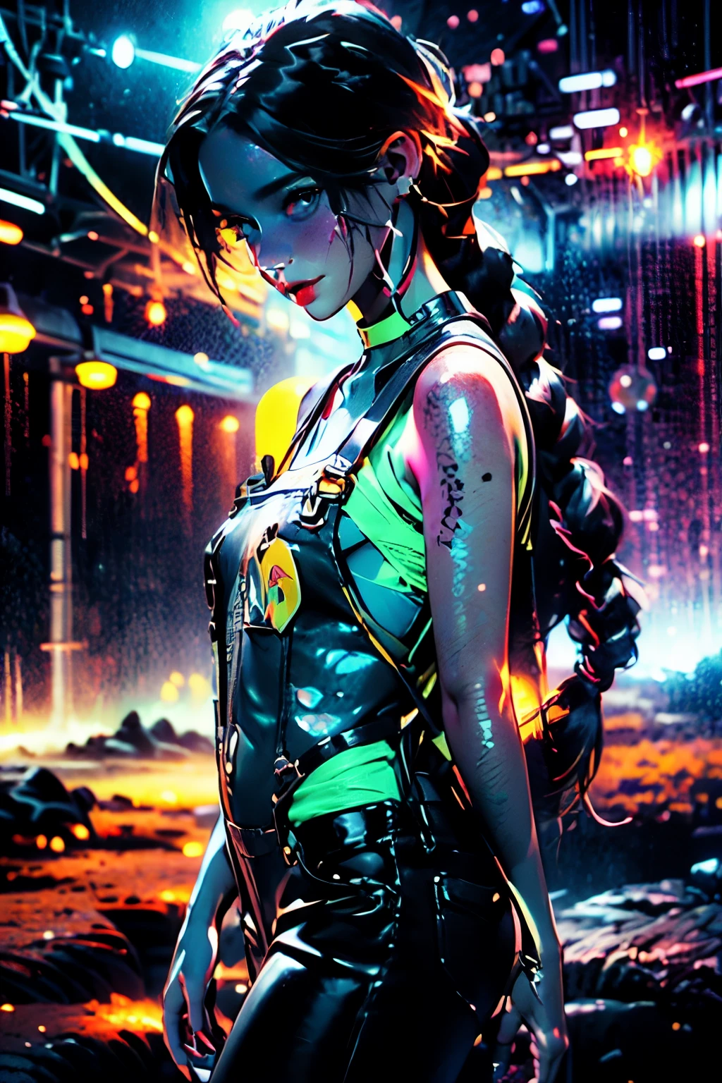 ((Image dans le style cyber punk, créer deux personnages), (Futuriste , ESPACE station, ESPACE)))_((Au centre de la composition se trouvent deux personnages, fermer, un garçon et une fille - pleine croissance), (une fille dans une salopette élégante, a mince figure, pose dynamique), (ses vêtements sont très élégants, Futuriste, beaucoup de détails, Matériau latex, éléments de tissu texturés, couleurs, rose, bleu, blanc), (son image incarne la beauté et la sympathie, son visage rayonne de bonheur, yeux expressifs, sourire), (Sa coiffure, deux longues tresses, hair dyed bleu, rose - neon highlights))_((Son partenaire, a Futuriste boy from the future, est habillé tout en noir, sa préférence en matière de vêtements, Style gothique sombre, combined with ESPACE jumpsuit, sportif élégant), (Cheveux mi-longs, beau, yeux noirs, mince, jeune, corps fort))_((arrière-plan, ESPACE station, ESPACE, éléments technologiques, éclat des étoiles))_((Haute qualité d&#39;image, image élégante dans un style cyber punk, Futuriste future, chef-d&#39;œuvre), (cinématographie d&#39;animation, Réalisme stylisé, Dessin animé japonais, Coureur de lame, pépin de pomme, Animatrix), (Full HD, 18K).