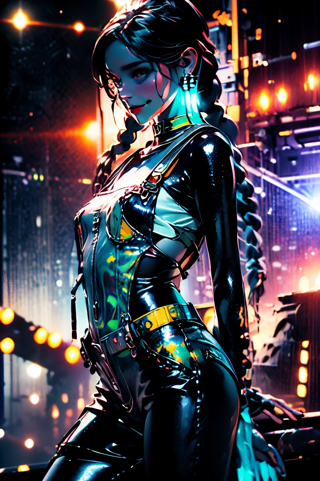 ((Imagem em estilo cyber punk, crie dois personagens), (futurista , espaço station, espaço)))_((No centro da composição estão dois personagens, fechar-se, um menino e uma menina - crescimento total), (uma garota com um macacão estiloso, a Delgado figure, pose dinâmica), (as roupas dela parecem muito elegantes, futurista, muitos detalhes, Material látex, elementos de tecido texturizado, cores, rosa, azul, branco), (sua imagem incorpora beleza e simpatia, Seu rosto irradia felicidade, olhos expressivos, Sorriso), (O penteado dela, duas longas tranças, hair dyed azul, rosa - neon highlights))_((Seu parceiro, a futurista boy from the future, está vestido todo de preto, sua preferência em roupas, estilo gótico escuro, combined with espaço jumpsuit, esportivo elegante), (Cabelo até os ombros, bonito, olhos pretos, Delgado, Jovem, corpo forte))_((Fundo, espaço station, espaço, elementos tecnológicos, brilho das estrelas))_((alta qualidade de imagem, imagem elegante em estilo cyber punk, futurista future, Obra de arte), (cinematografia de animação, Realismo Estilizado, anime japonês, corredor de lâmina, semente de maçã, animatriz), (Full HD, 18 mil).