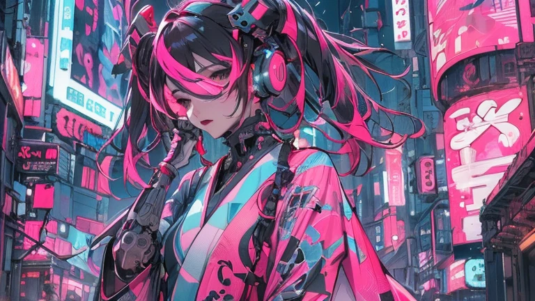 chef-d&#39;œuvre, la plus haute qualité, fille cyberpunk,Portez un kimono japonais,La couleur rose ressort,couleurs et motifs audacieux, des accessoires accrocheurs, Coiffures tendances et innovantes, Maquillage lumineux, paysage urbain Cyberpunk éblouissant, gratte-ciel, enseignes au néon, Lumière LED, palette de couleurs vives et vives, animé, forme, Peau fine, Tissu de haute qualité, détails complexes, très détaillé,Faible angle, tout le corps, vision(détourne les yeux:1.4)