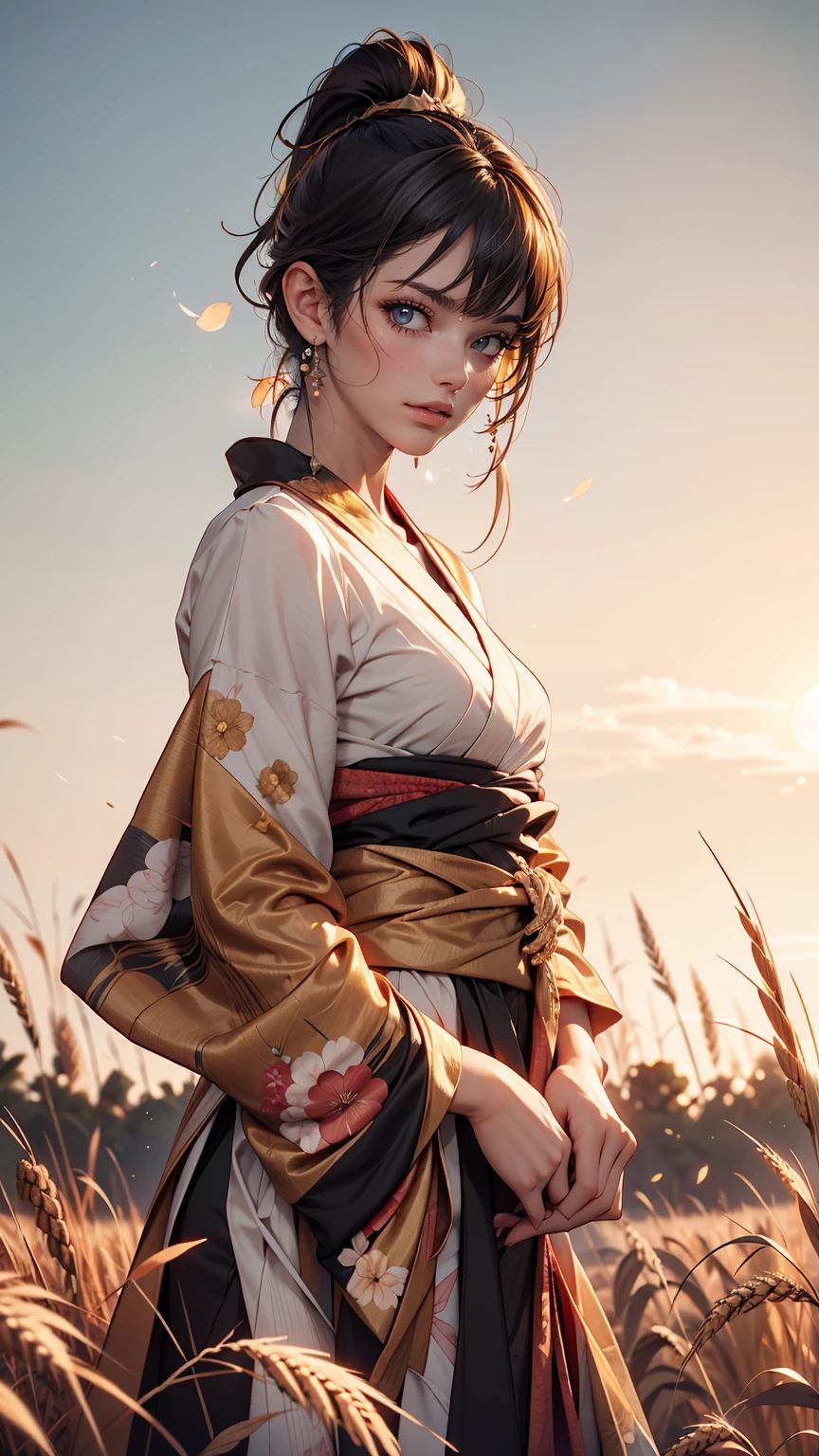 Une fille en kimono se tient sans expression dans un champ de blé jusqu&#39;à la taille, Kimono noir avec bordure dorée, ses cheveux sont attachés en queue de cheval, les yeux jaunes, Le coucher de soleil dans ses yeux, La lumière frappe son visage, Orientation demi-paysage vers la caméra