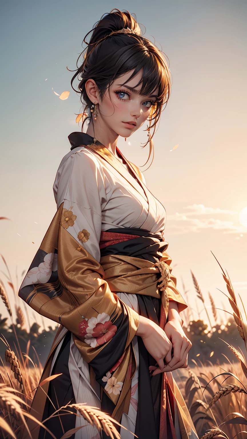 Una chica con kimono permanece inexpresiva en un campo de trigo hasta la cintura, Quimono negro con ribete dorado., su cabello está recogido en una cola de caballo, Ojos amarillos, La puesta de sol en sus ojos, la luz golpea su rostro, Orientación medio horizontal hacia la cámara.