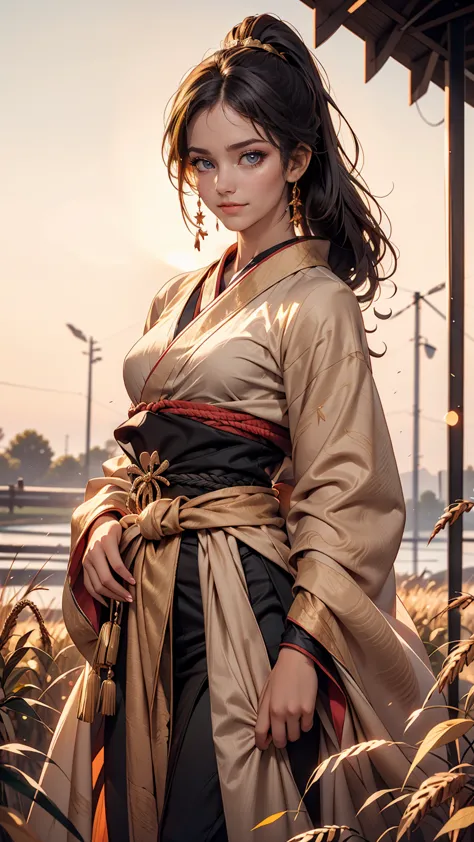 a girl in a kimono stands expressionless in a wheat field up to her waist, black kimono with gold rimming, her hair is tied in a...