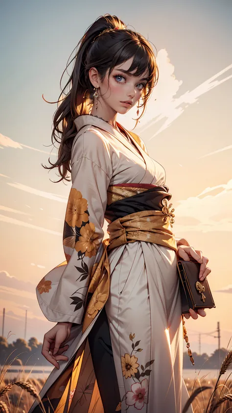 A girl in a kimono stands expressionless in a wheat field up to her waist, Black kimono with gold rimming, her hair is tied in a...