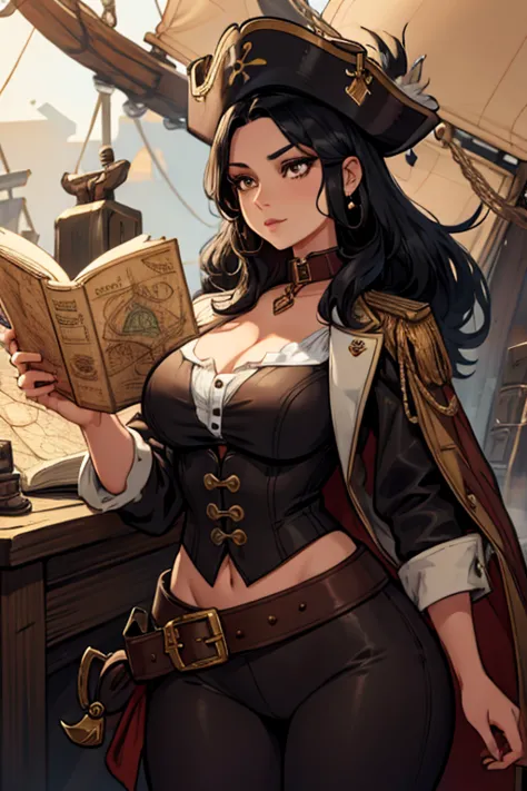 A black haired woman with brown eyes with an hourglass figure in a pirate's outfit is reading a map on a pirate's ship