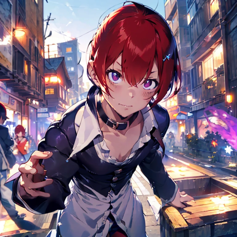 Sharp Eye,One boy,Hair on one eye,Redhead,short hair,Purple Flame,Fantasy World,isekai,City of night,